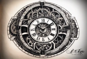 A mechanical clock with internal gears transitions into a weathered Roman colosseum in the background. A script quote, “it’s not the critic that counts it’s the man in the arena@ embedded tattoo idea