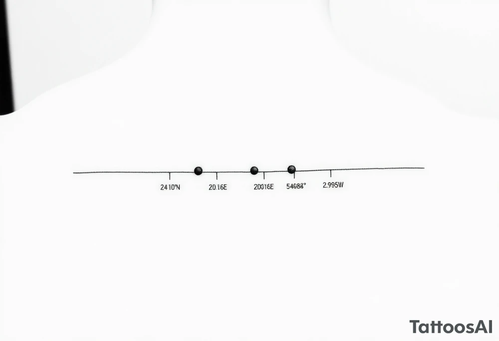 Style: minimalist fine-line  
Layout: horizontal timeline  
Elements:  
- 2 timeline dots  
- Coordinates: "24°10′N, 20°16′E" and "53.4084°N, 2.9916°W" under each dot  
- Small circle markers above each  
- Below line: Morse code — ● — ● ● — ● — ● — — — ● — ● ● ● ● — ● —  
No text. Abstract only. tattoo idea