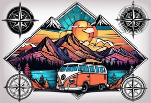 directional Compass rose, mountains and VW Komi campervan tattoo idea