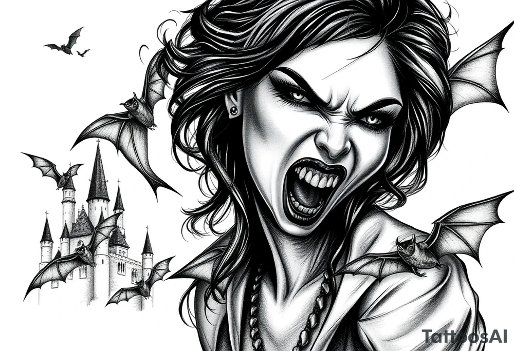 female vampire,bats,old castle,teeth. tattoo idea