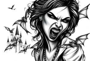 female vampire,bats,old castle,teeth. tattoo idea