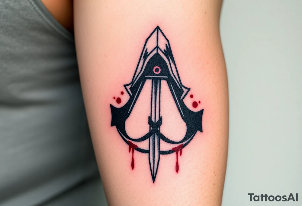 Assassins Creed emblem with hooded character, NO FACE, with blood splashes and a sword tattoo idea