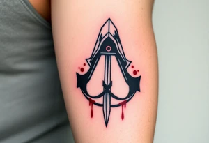 Assassins Creed emblem with hooded character, NO FACE, with blood splashes and a sword tattoo idea