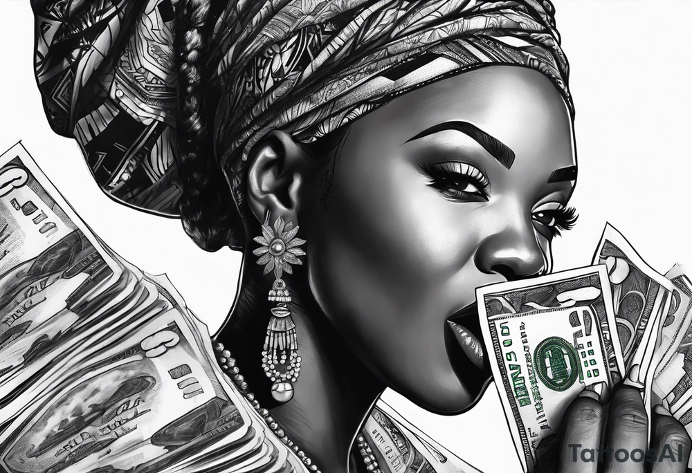 african woman biting money tattoo idea