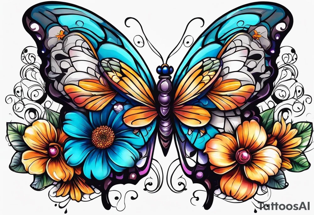 2 flowers on top of eachother with a butterfly underneath tattoo idea