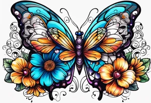 2 flowers on top of eachother with a butterfly underneath tattoo idea