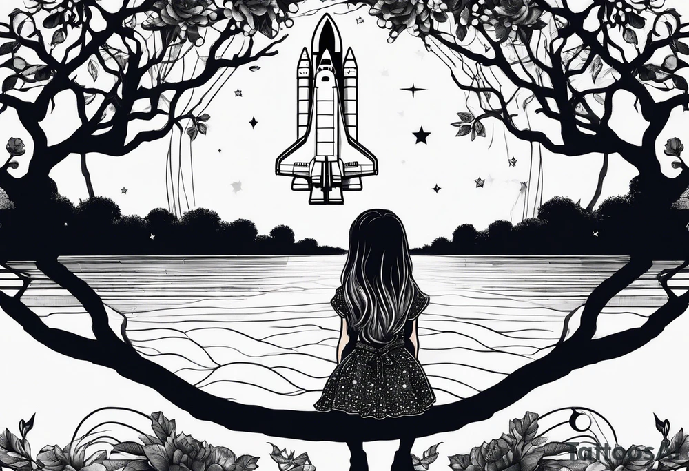 back of small girl in dress with long hair sitting on a tree branch watching a space shuttle launch in the distance tattoo idea