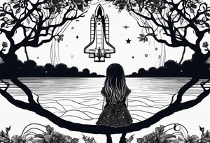 back of small girl in dress with long hair sitting on a tree branch watching a space shuttle launch in the distance tattoo idea