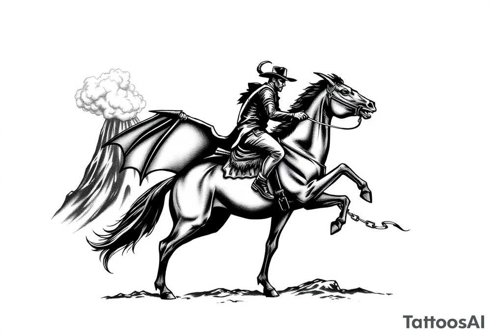 Silhouette of a demon cowboy on a horse, against a volcanic eruption. tattoo idea