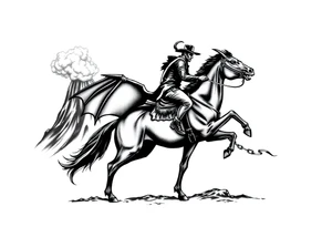 Silhouette of a demon cowboy on a horse, against a volcanic eruption. tattoo idea