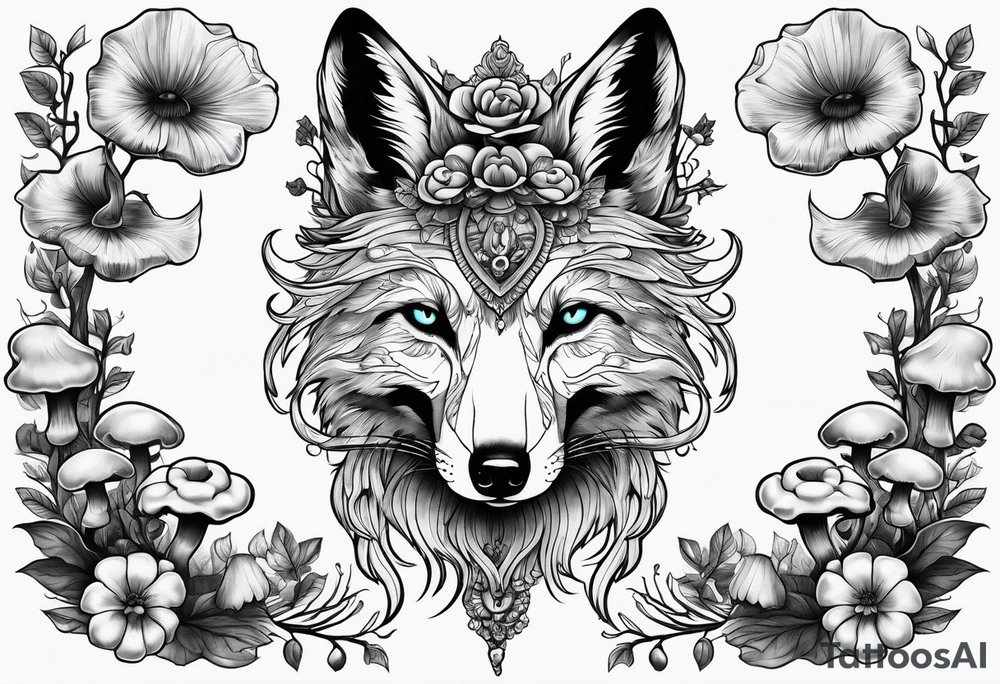 Dear fox skeleton with mushrooms growing out of it tattoo idea