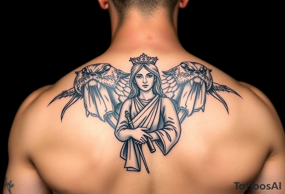 Protect religious statues watch over female in military tattoo idea