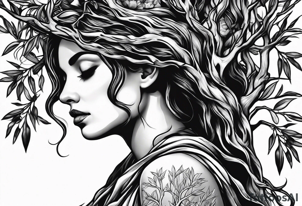 a woman turning herself in an olive tree tattoo idea