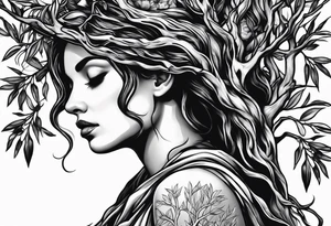 a woman turning herself in an olive tree tattoo idea
