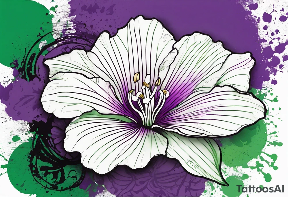 An outline of a green rio dipladenia flower and a green and purple watercolor splash in the background tattoo idea