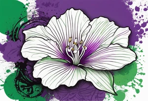 An outline of a green rio dipladenia flower and a green and purple watercolor splash in the background tattoo idea