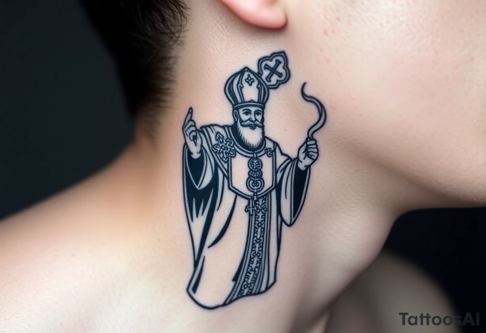 Russian Orthodox Priest in a fully detailed gold vestment swinging a censer with smoke curling upward tattoo idea