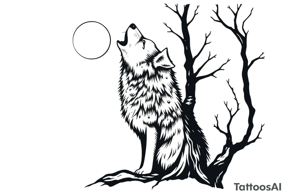 Wolf howling to the moon. Wood pakxer in a tree tattoo idea