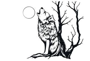 Wolf howling to the moon. Wood pakxer in a tree tattoo idea