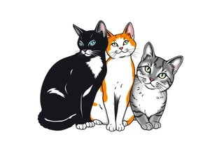 three cats, one black and white cat, one orange and white cat and one grey tabby cat tattoo idea