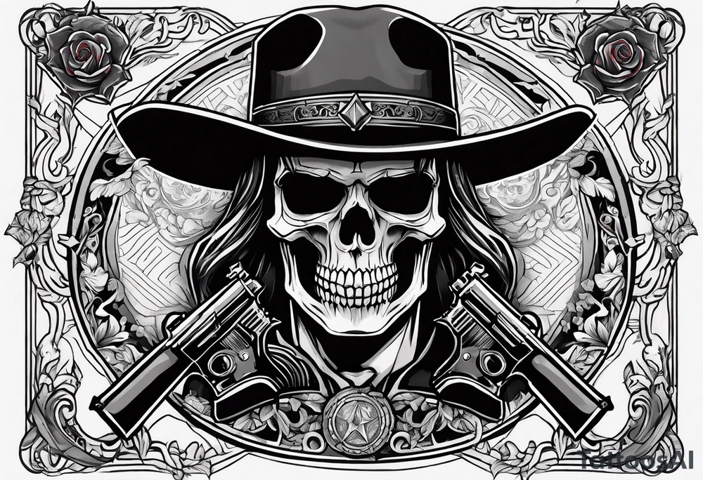 arm tattoo with a western background that has a horseman, skelleton in the middle with a revolver and red dead redemtion hat tattoo idea