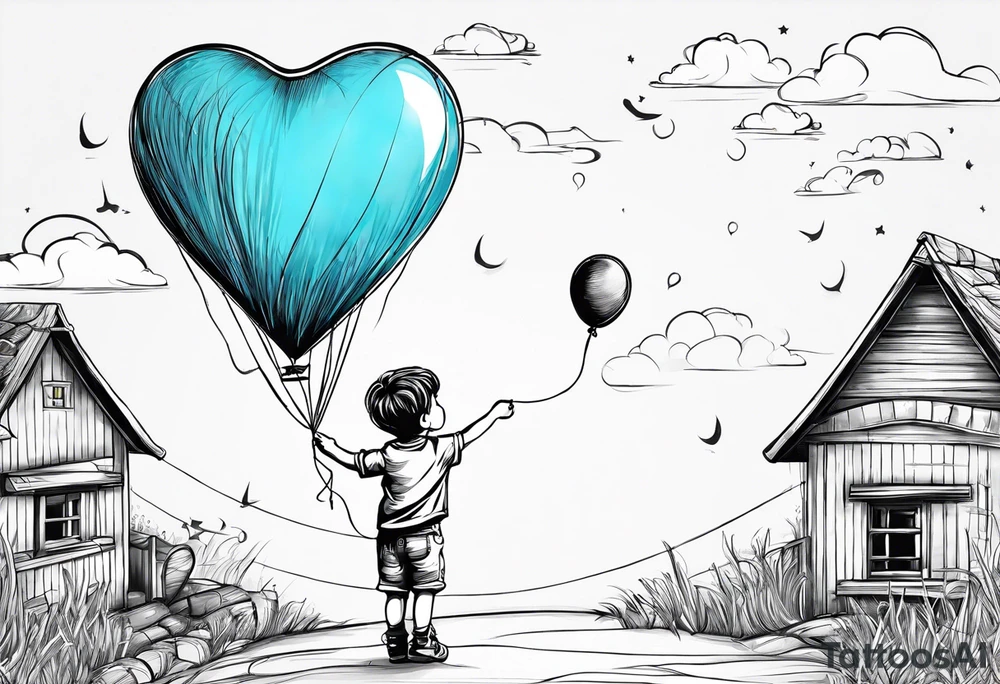 tatoo in sketch style only.
A little boy is holding a string to the hearth shaped small party baloon.
boy should be drawed from behind and has one hand reaching up in 45 degree angle and holding the baloon string
On the string is a wave which look like a hearbeat pulse.
draw it without any scenery, without any background. Just a boy 
Add heartbeat pulse on the string tattoo idea