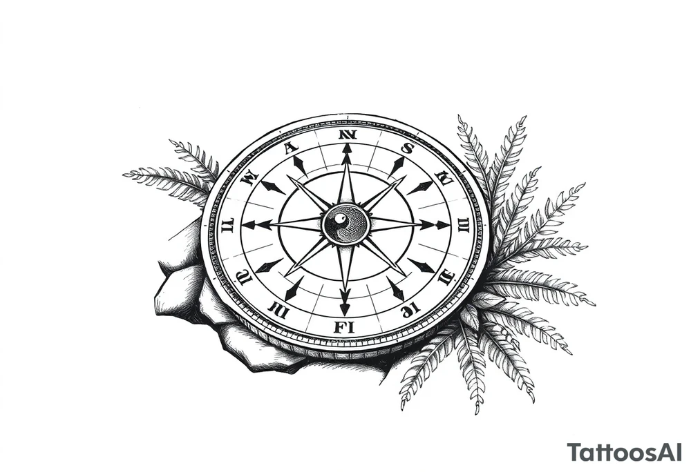 Sundial on the ground with ferns tattoo idea