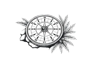 Sundial on the ground with ferns tattoo idea
