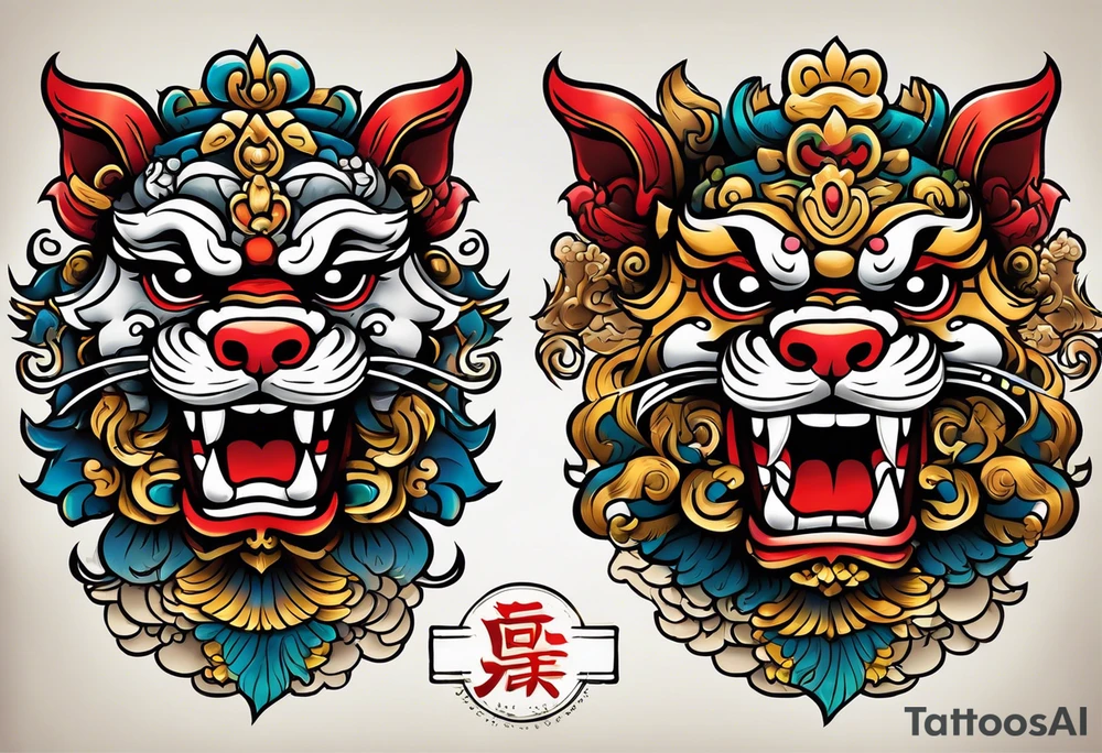 Okinawa style pair of shisa dogs, one with open mouth, one with closed mouth, chest/pecs, Yakuza style, old school tattoo idea