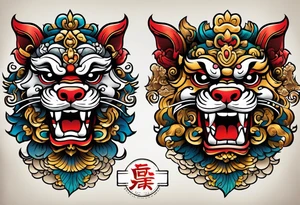 Okinawa style pair of shisa dogs, one with open mouth, one with closed mouth, chest/pecs, Yakuza style, old school tattoo idea