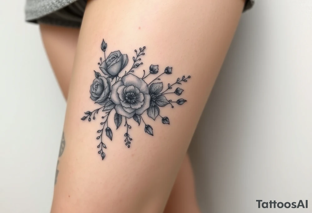 vintage bouquet of wild roses and meadow flowers with morning dew tattoo idea
