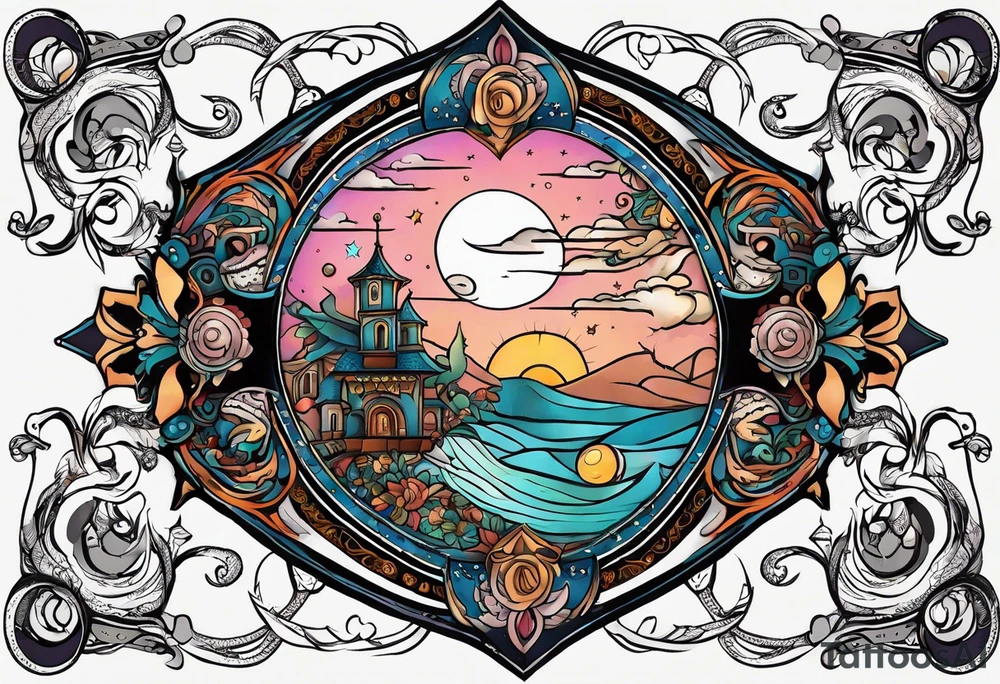 A tattoo design inspired by southern Italian folklore tales, incorporating mystical creatures and celestial objects such as moons and stars, reflecting the client's love for folklore and celestial objects. tattoo idea
