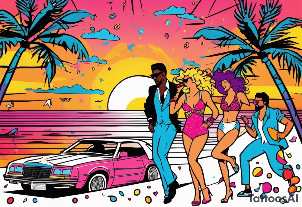 1980's miami vice style beach dance 
party, include confetti, music notes, boom box, bikinis sunset in the center tattoo idea
