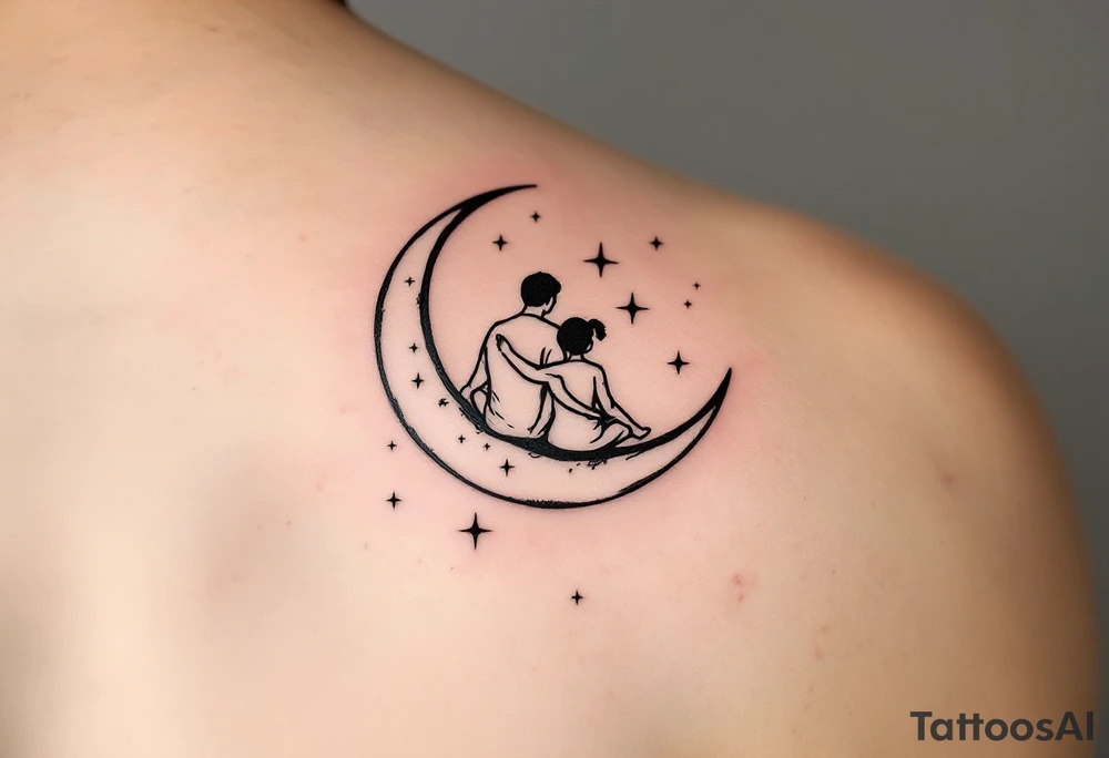 A minimalist black outline of a parent and son sitting on a crescent moon, surrounded by faint yellow stars tattoo idea