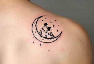 A minimalist black outline of a parent and son sitting on a crescent moon, surrounded by faint yellow stars tattoo idea
