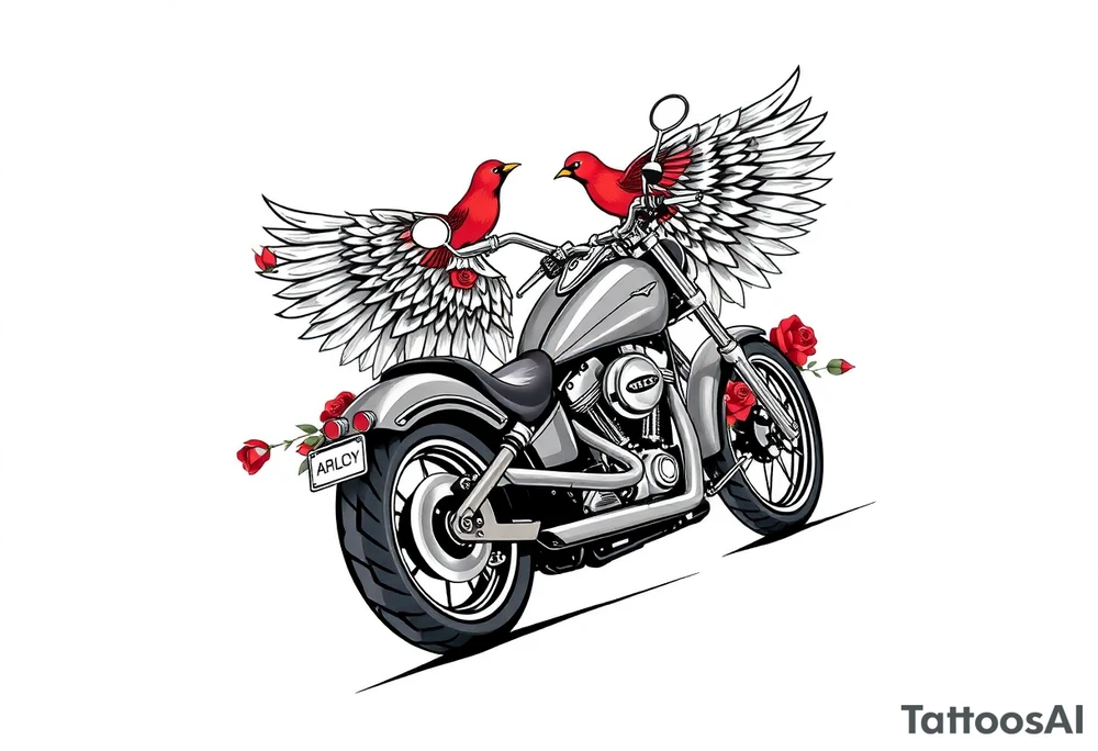 Harley grey motorcycle driving away, two red birds flying, roses, flames, angel wings tattoo idea
