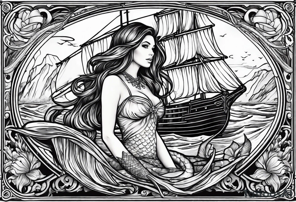mermaid with galleon ship tattoo idea