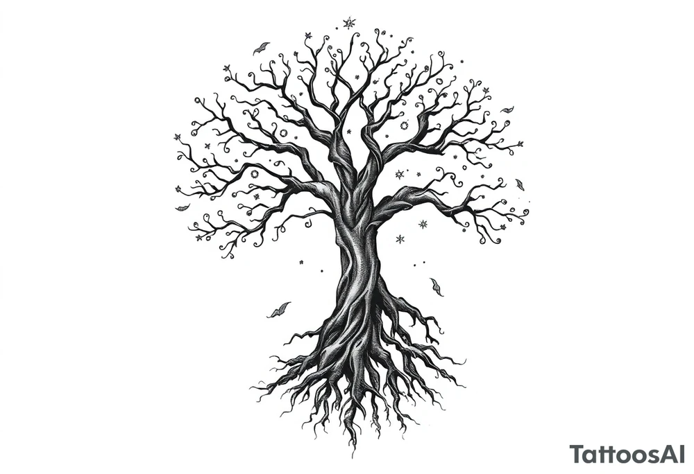 mystical tree of life with cosmic roots and celestial branches tattoo idea