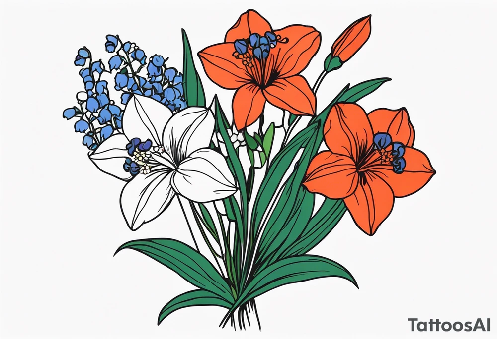 Poppy, larkspur, Lily of the valley, daffodil, flower bouquet, portrait style tattoo idea