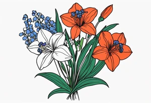 Poppy, larkspur, Lily of the valley, daffodil, flower bouquet, portrait style tattoo idea
