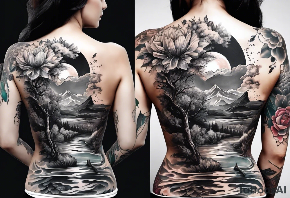 Full Back tattoo covering the whole back woman on canvas tattoo idea