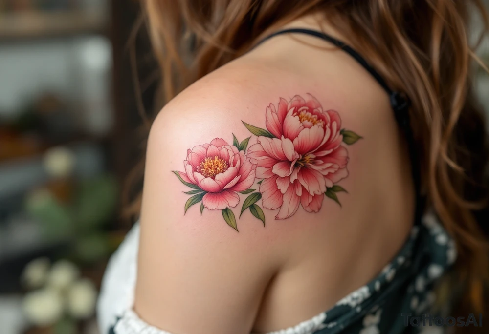 Petra 26. 04. 2021) – Bright pink peonies surrounding Petra's birthdate, with light green accents and soft, curved lines. tattoo idea
