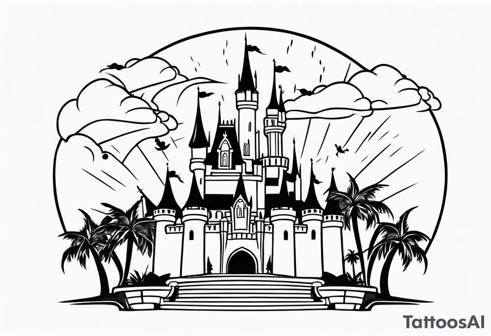 disney castle with a lightning storm palm trees and a mickey mouse and celtic symbol for family tattoo idea