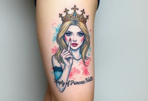 powerful blond findomme princess with crown on, holding up her middle finger with look of disgust on her face being pathetic with caption “Property of Princess Natti” tattoo idea