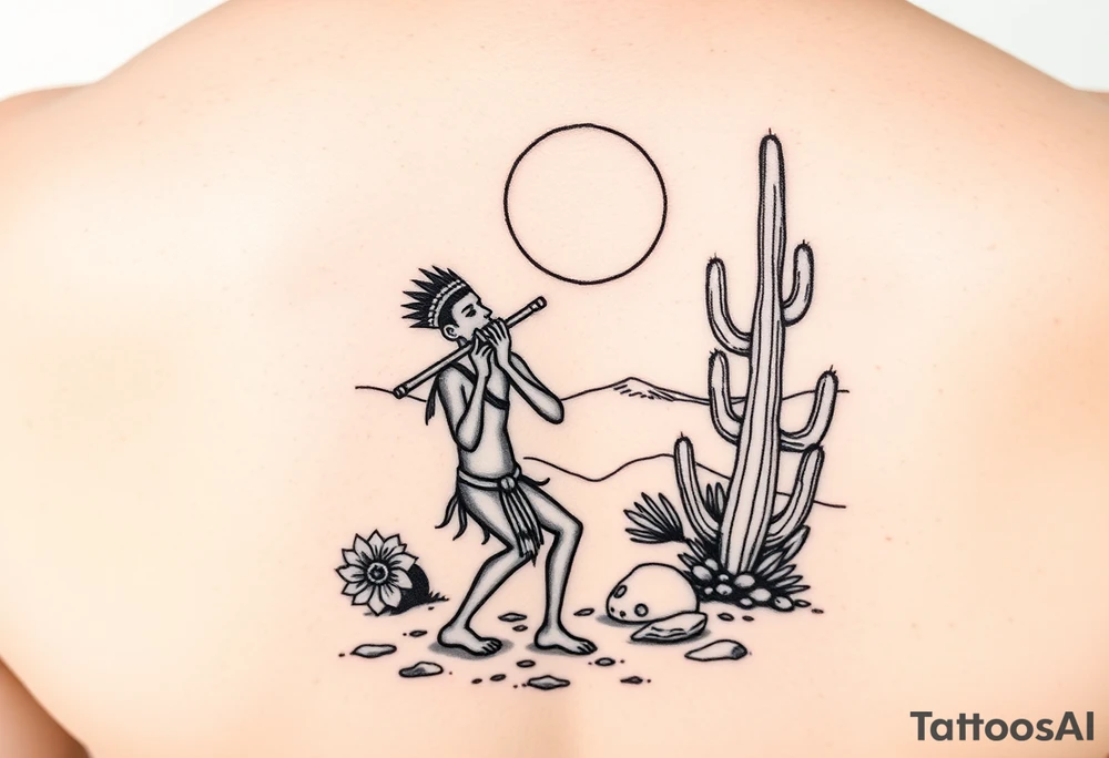 Kokopelli playing flute in desert scene in front of a cactus with sun in the air tattoo idea