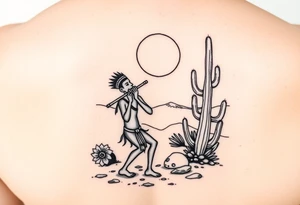 Kokopelli playing flute in desert scene in front of a cactus with sun in the air tattoo idea
