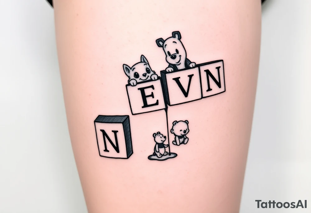 a thigh tattoo with alphabet blocks going down vertically but on the alphabet blocks, the name S E V Y N is alternated on the sides of all five blocks and 07/14/25 is alternated on the other sides of the blocks as well and on the top of the blocks Marie from the Aristocats peeking up looking showing her eyes, her bow on her head and her front pause and then on the bottom block then Winnie the Pooh standing on the ground, reaching up on the block for the honey that’s spilling off the side and on the left side not on the blocks to say 6 ounces 12 pounds 20 inches all lined up in a column going vertically starting with the 6 ounces 12 pounds and 20 inches in that order and then on the right side, not touching the blocks to say 3:51 AM. tattoo idea