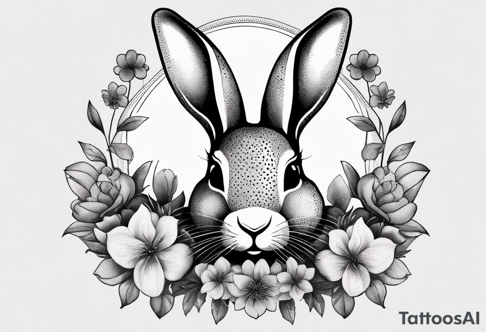 Rabbit head and flowers tattoo idea