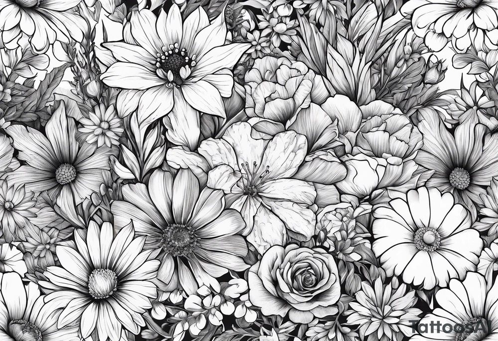 wildflowers with roses, larkspur, carnation, and daisy tattoo idea