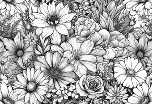 wildflowers with roses, larkspur, carnation, and daisy tattoo idea